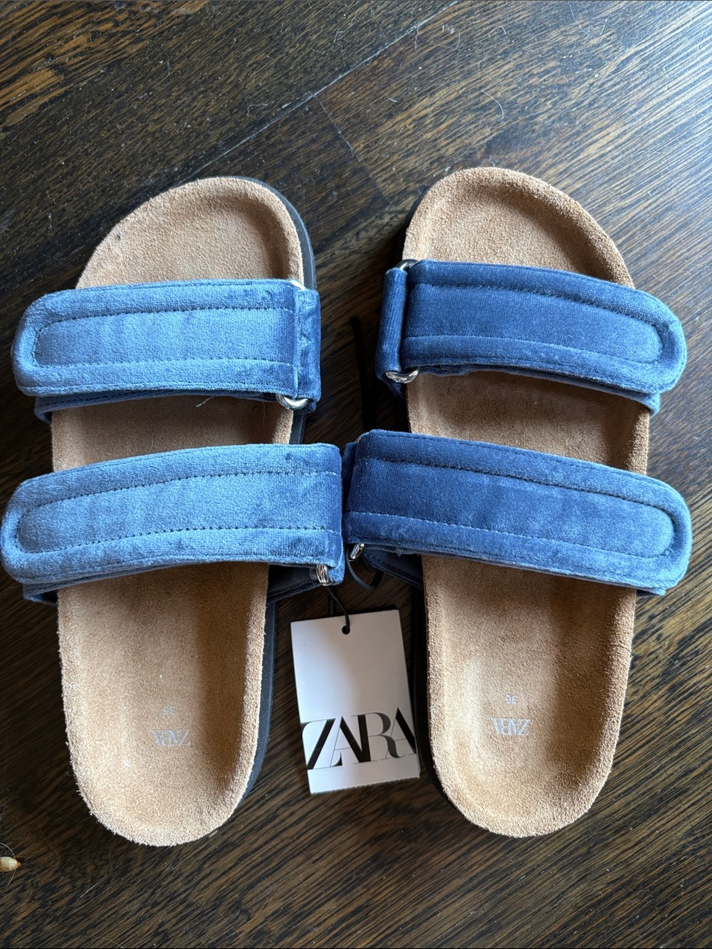 ZARA Blue Velvet Double-Strap Slide Sandals